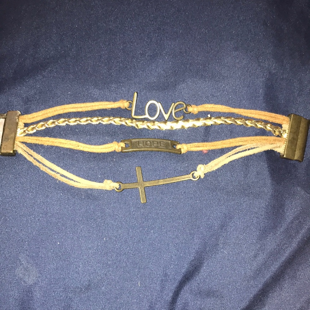 Love Hope Cross Multi-Strand Bracelet in Tan and Antique Gold